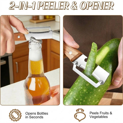 2026 Upgrade Vegetable Peeler with Wooden Handle & Stainless Steel Wide Blade, 3 in 1 Potato & Carrot Peeler with Scallion Shredder and Bottle Opener for Kitchen, Camping & Travel