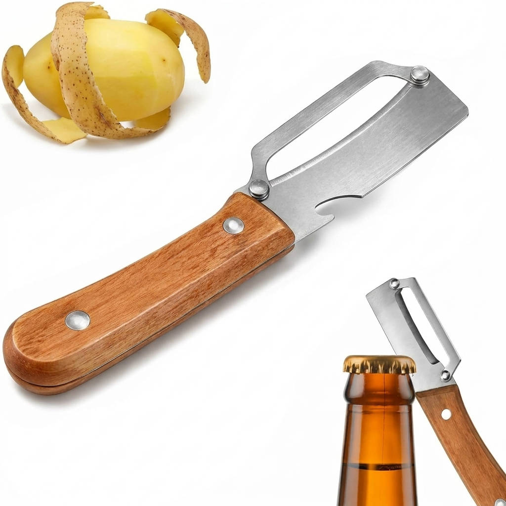 2026 Upgrade Vegetable Peeler with Wooden Handle & Stainless Steel Wide Blade, 3 in 1 Potato & Carrot Peeler with Scallion Shredder and Bottle Opener for Kitchen, Camping & Travel