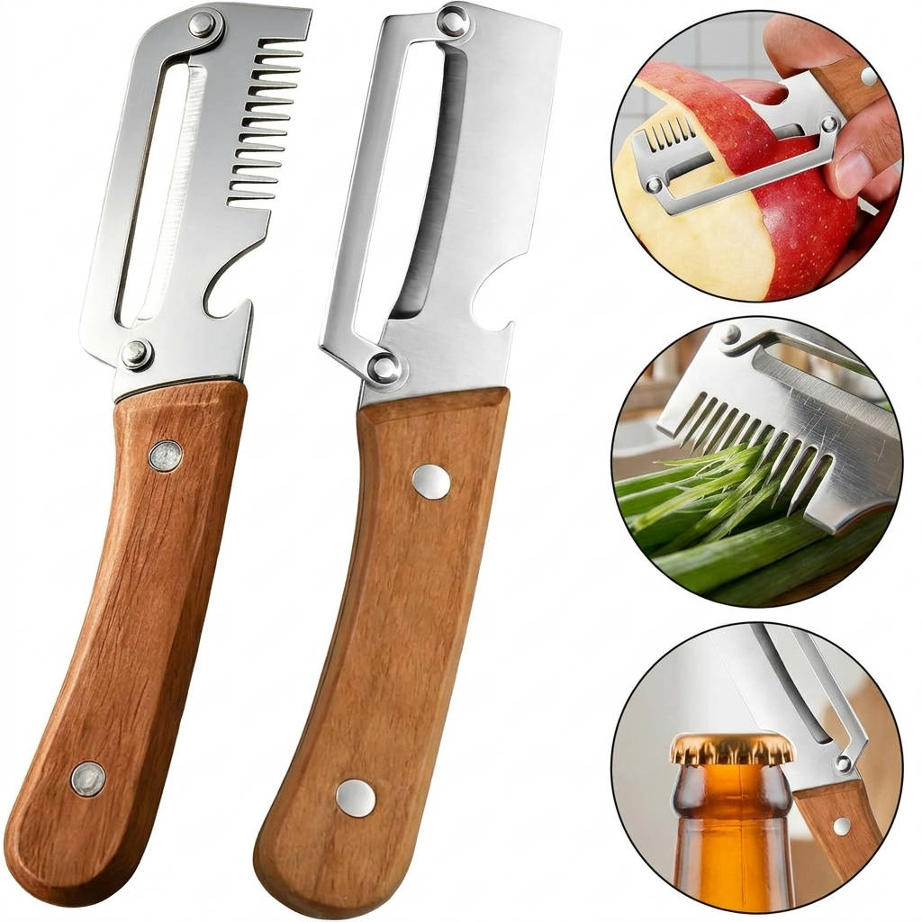 2026 Upgrade Vegetable Peeler with Wooden Handle & Stainless Steel Wide Blade, 3 in 1 Potato & Carrot Peeler with Scallion Shredder and Bottle Opener for Kitchen, Camping & Travel