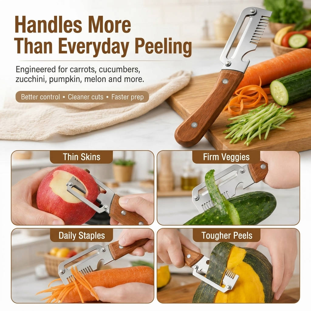 2026 Upgrade Vegetable Peeler with Wooden Handle & Stainless Steel Wide Blade, 3 in 1 Potato & Carrot Peeler with Scallion Shredder and Bottle Opener for Kitchen, Camping & Travel