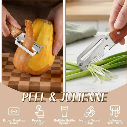 2026 Upgrade Vegetable Peeler with Wooden Handle & Stainless Steel Wide Blade, 3 in 1 Potato & Carrot Peeler with Scallion Shredder and Bottle Opener for Kitchen, Camping & Travel