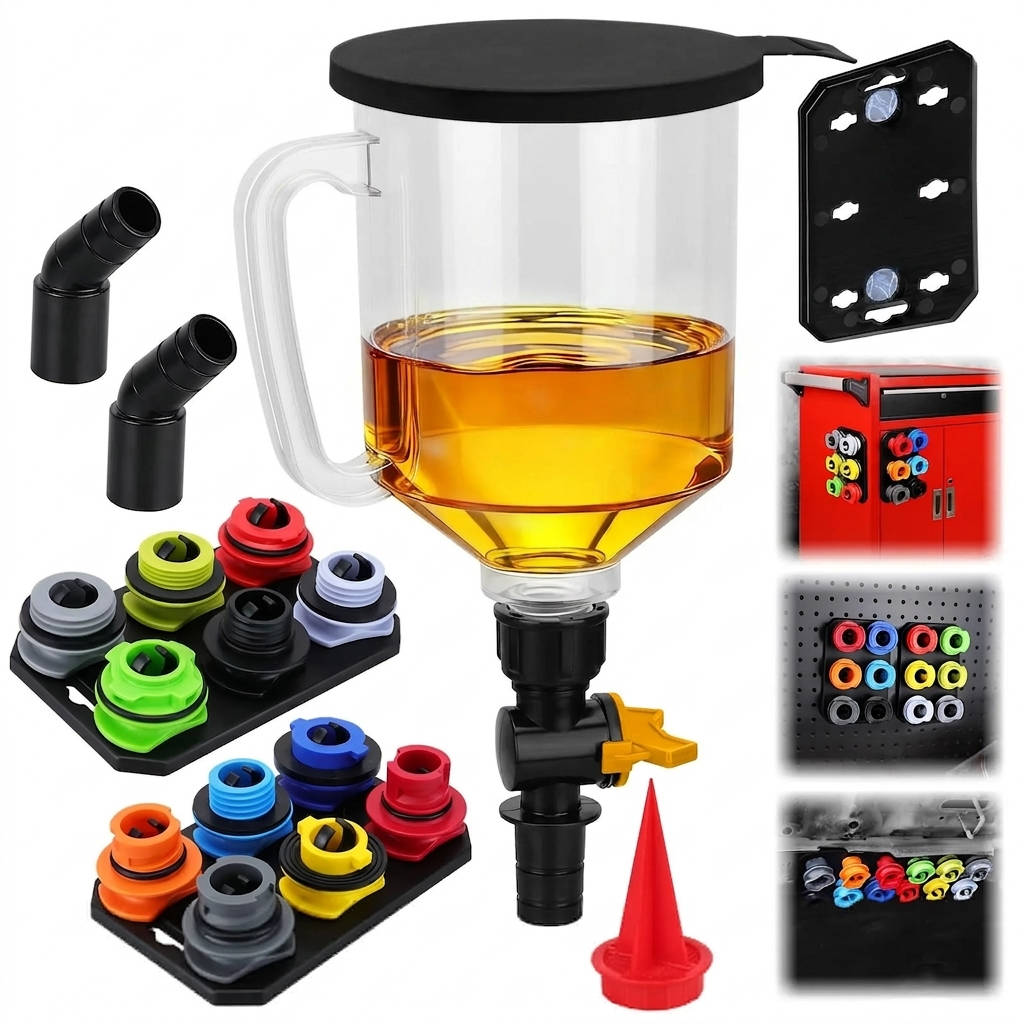 18 Pieces Engine Oil Funnel Set, 1.5L Automotive Oil Filler Kit with 12 Adapters, Elbow Fitting, Mesh Screen & Magnetic Storage Hook Tray for GM, Ford, BMW, Audi, Land Rover