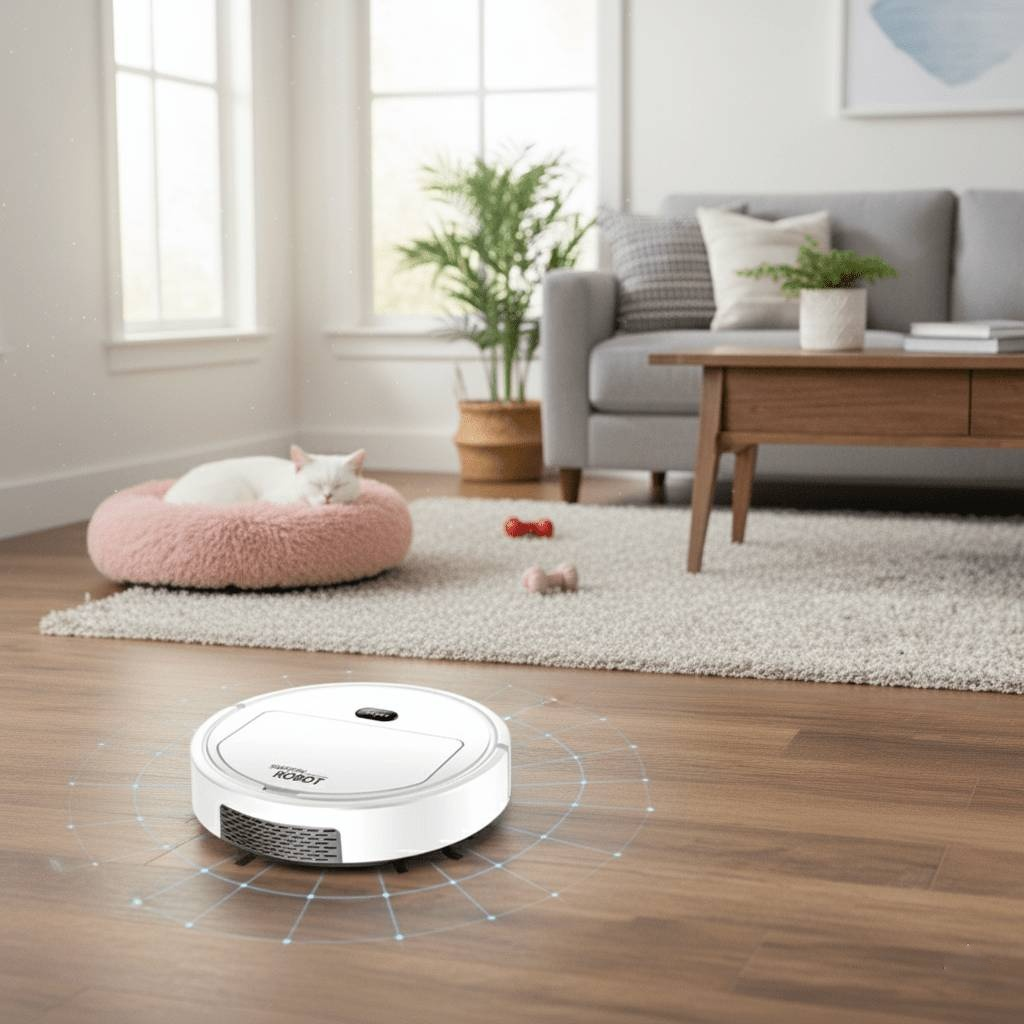 Robotic Floor Cleaner with Quiet Motor and Obstacle Sensors, 90-Minute Runtime