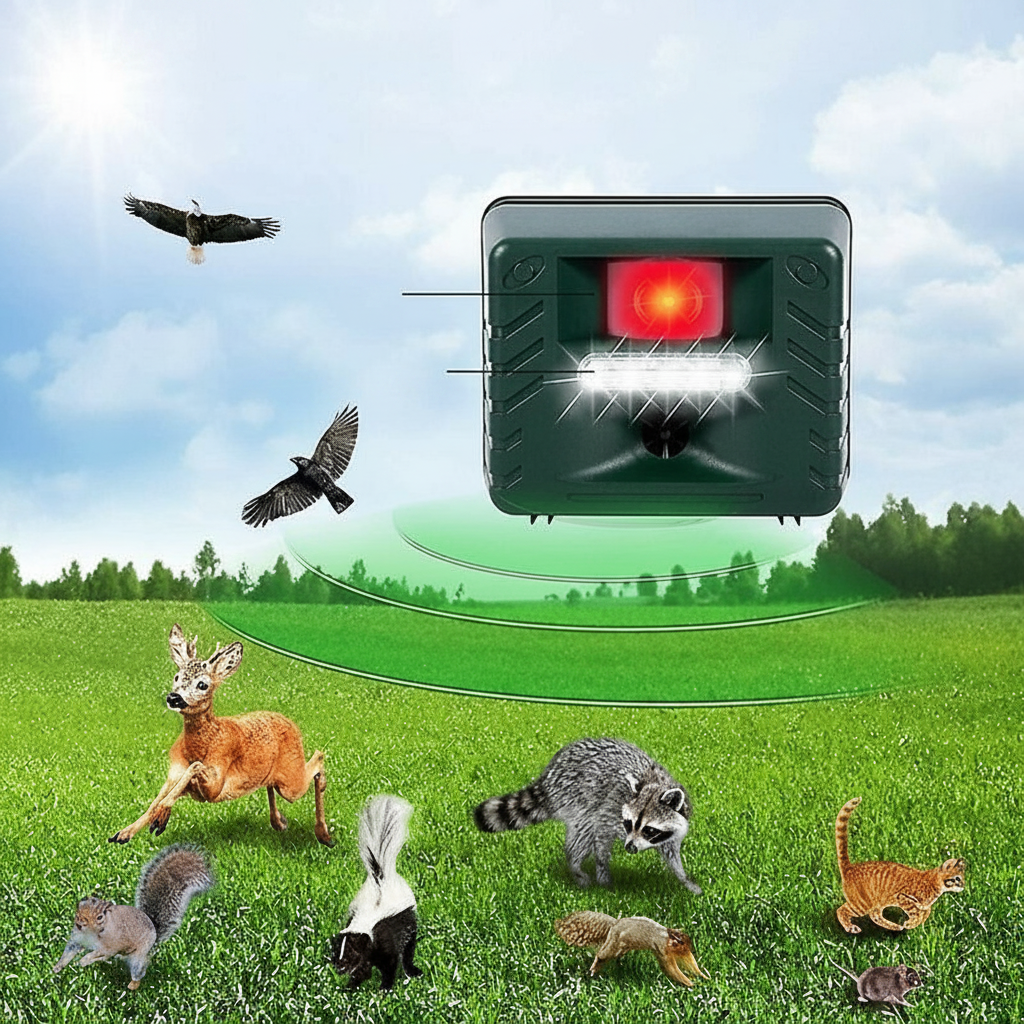 Solar-Powered Ultrasonic Bird Repeller with Motion Detection and LED Flash, Weatherproof