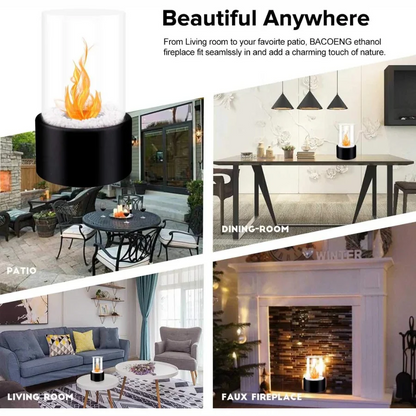 Tabletop Ethanol Fireplace with Glass Enclosure and Metal Base, 11.8in Height