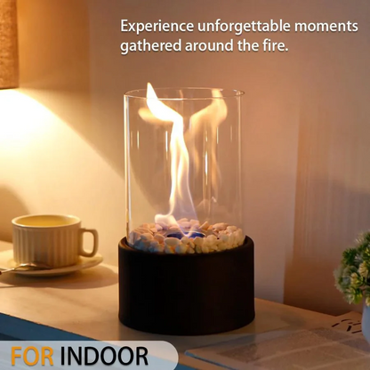 Tabletop Ethanol Fireplace with Glass Enclosure and Metal Base, 11.8in Height