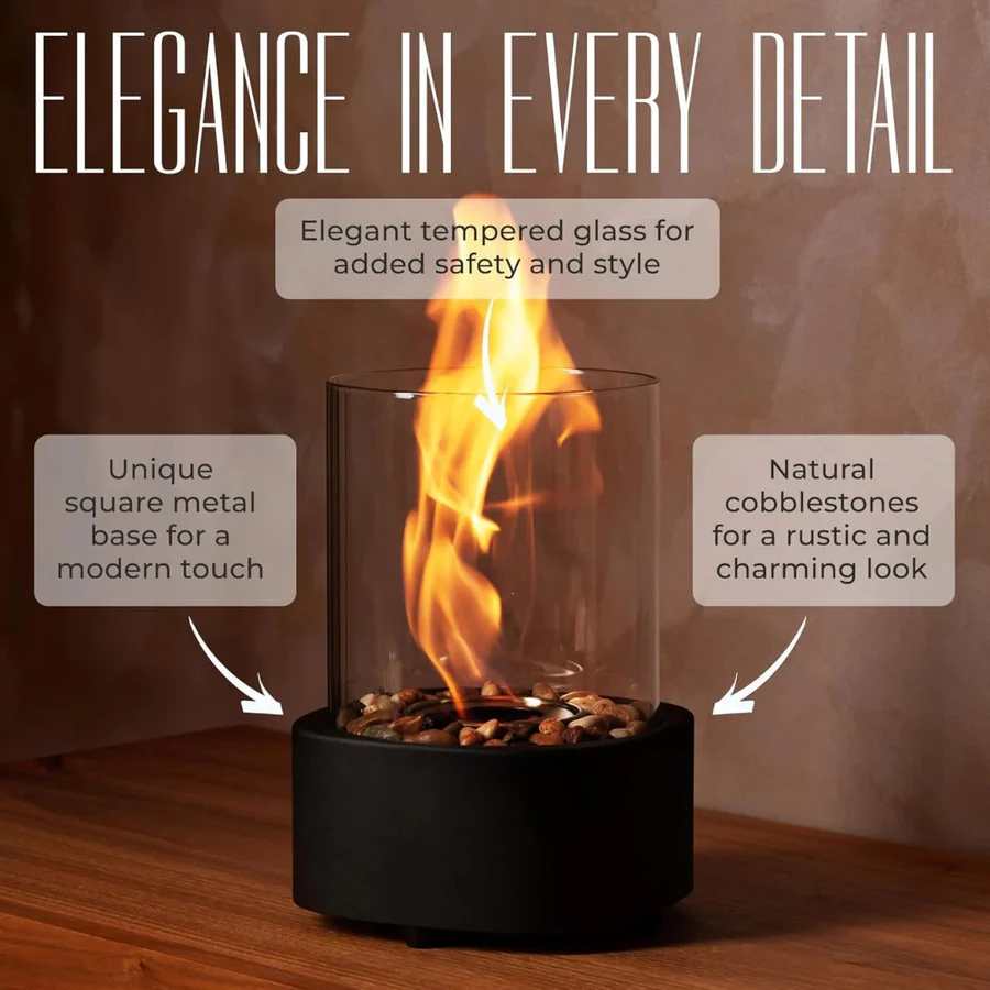 Tabletop Ethanol Fireplace with Glass Enclosure and Metal Base, 11.8in Height