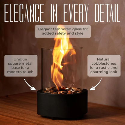 Tabletop Ethanol Fireplace with Glass Enclosure and Metal Base, 11.8in Height