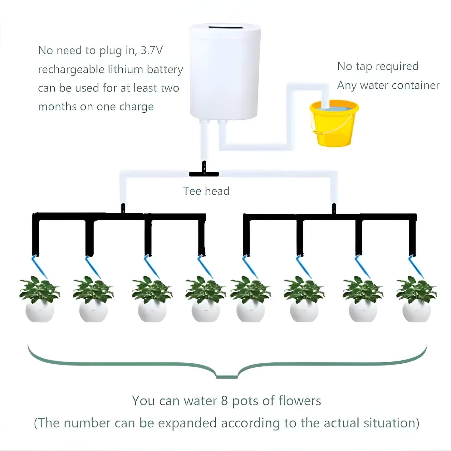 Plant Watering System with LCD Timer and Rechargeable Battery for 2-8 Pots