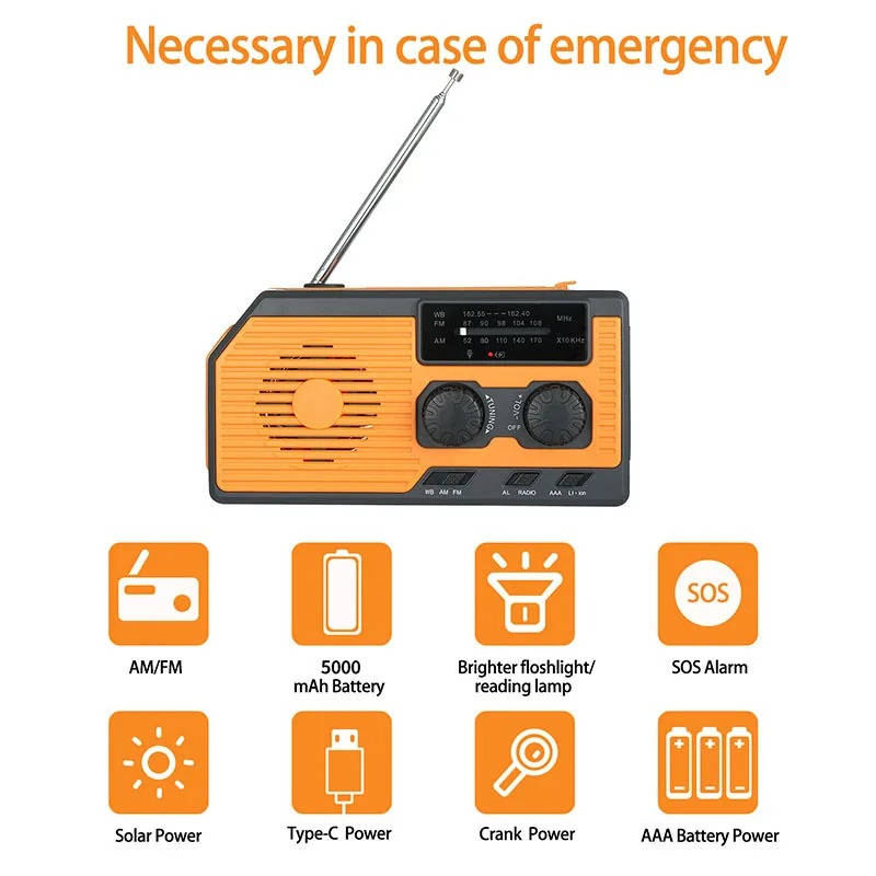Emergency Radio with Solar Panel and Hand Crank, 5000mAh Power Bank