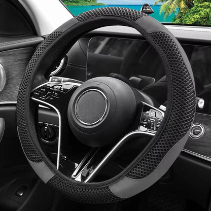 Non Inner Ring Ice Silk Mesh and PU Leather Steering Wheel Cover, Breathable Sweat Absorbing Universal Anti Slip Handle Protector for Cars, SUVs & Trucks