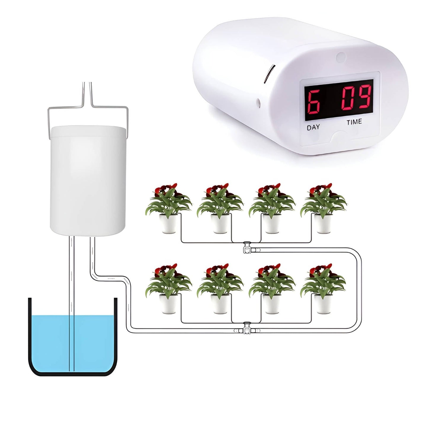 Plant Watering System with LCD Timer and Rechargeable Battery for 2-8 Pots