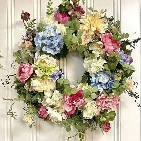 Multicolor Hydrangea Wreath with Synthetic Blooms and Green Leaves, 13in