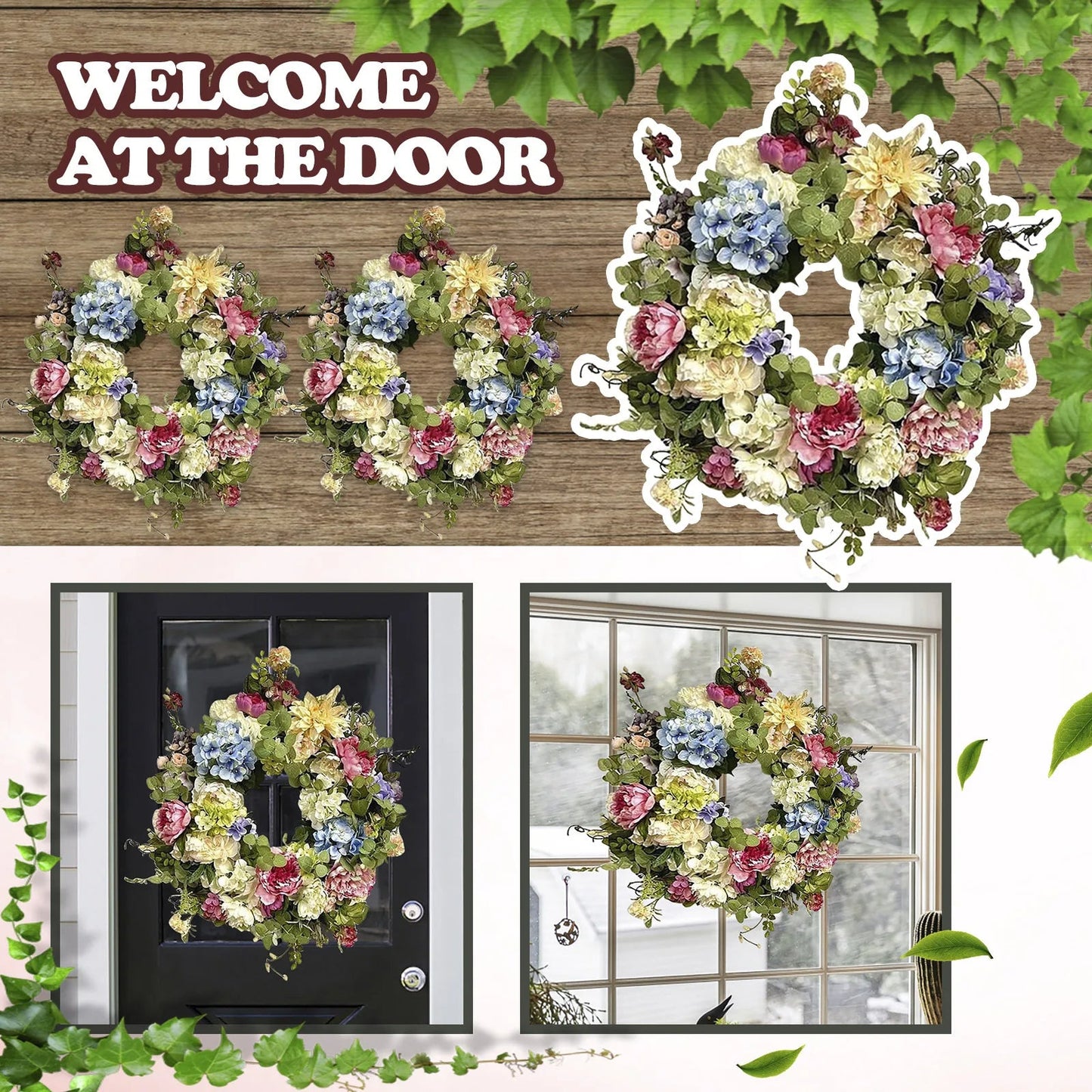 Multicolor Hydrangea Wreath with Synthetic Blooms and Green Leaves, 13in