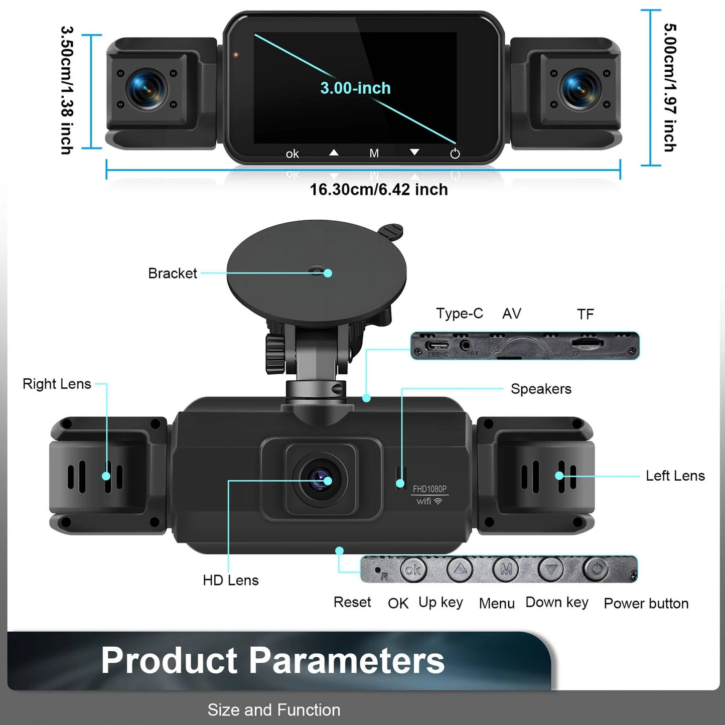 Four Camera Dash Cam with Infrared Night Vision and Wireless App Control