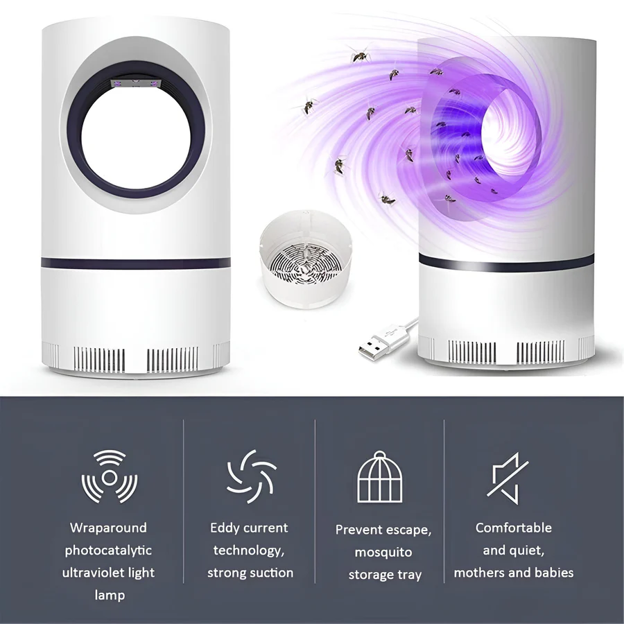 UV Mosquito and Fly Trap with 368nm LED Light and Quiet Airflow Capture