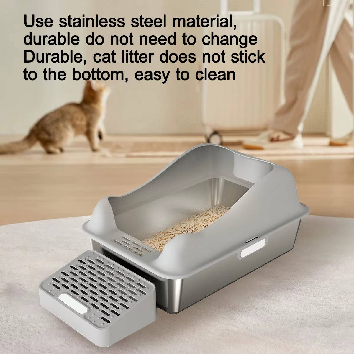 Stainless Steel Cat Litter Box 100L, Enclosed Smart Odor Control Leak Proof Multi Cat Box