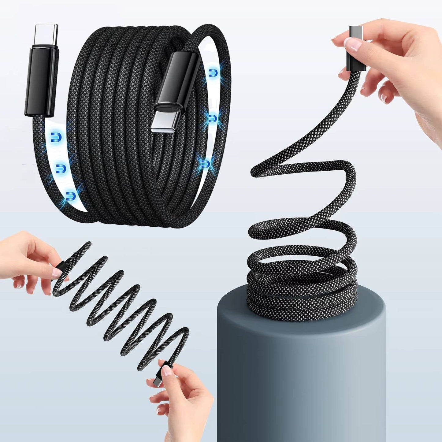 Self-Coiling Magnetic Charging Cable with Dual Tips and Data Sync, 3.3ft