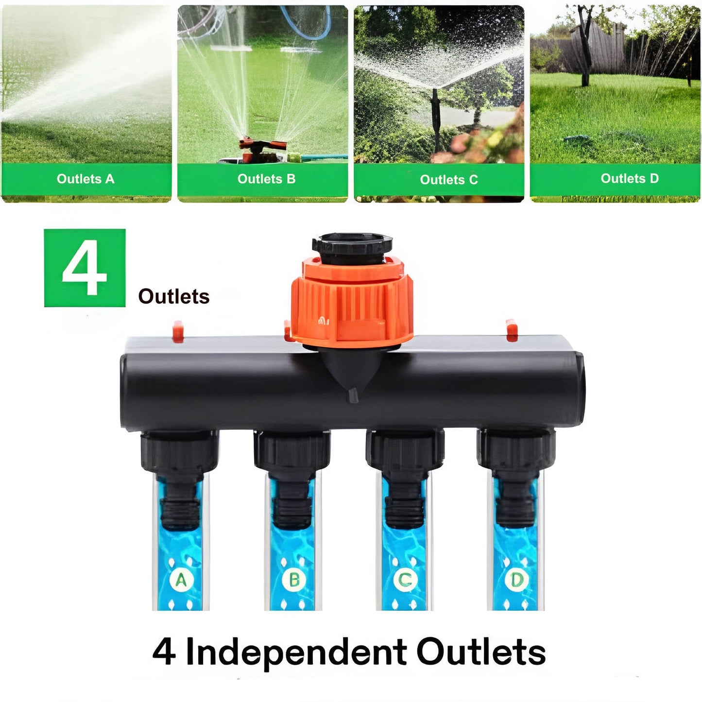 Four-Outlet Garden Hose Splitter with Individual Valve Controls and Quick-Connect Fittings