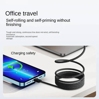 Self-Coiling Magnetic Charging Cable with Dual Tips and Data Sync, 3.3ft
