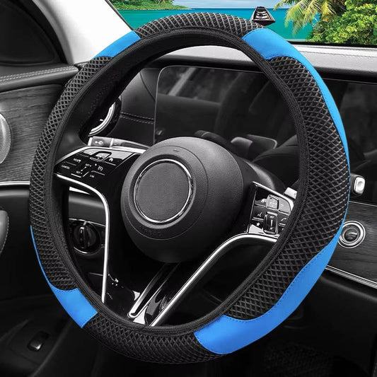 Non Inner Ring Ice Silk Mesh and PU Leather Steering Wheel Cover, Breathable Sweat Absorbing Universal Anti Slip Handle Protector for Cars, SUVs & Trucks