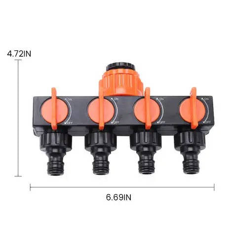 Four-Outlet Garden Hose Splitter with Individual Valve Controls and Quick-Connect Fittings