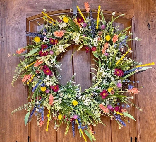 Silk Wildflower Wreath with Eucalyptus and Grapevine Base, 16-22 inches