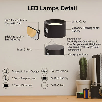 Adjustable Wall Light with Magnetic Rotation and Dimmable LED, 3 Color Temperatures