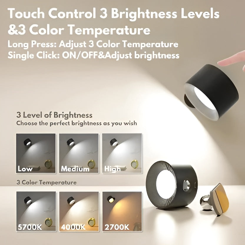 Adjustable Wall Light with Magnetic Rotation and Dimmable LED, 3 Color Temperatures