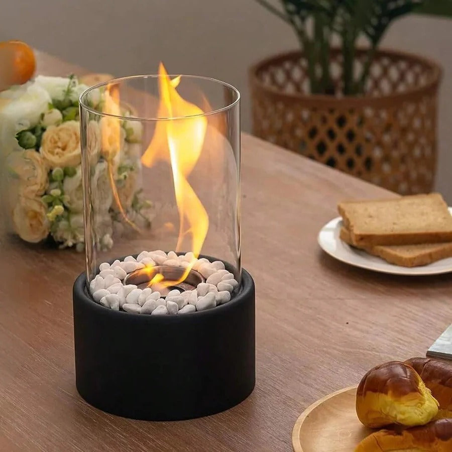 Tabletop Ethanol Fireplace with Glass Enclosure and Metal Base, 11.8in Height