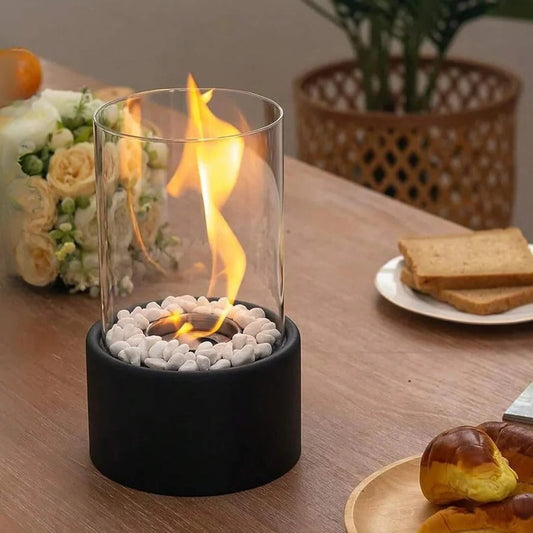 Tabletop Ethanol Fireplace with Glass Enclosure and Metal Base, 11.8in Height