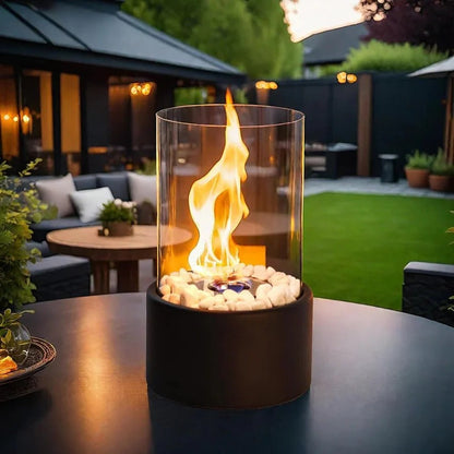 Tabletop Ethanol Fireplace with Glass Enclosure and Metal Base, 11.8in Height