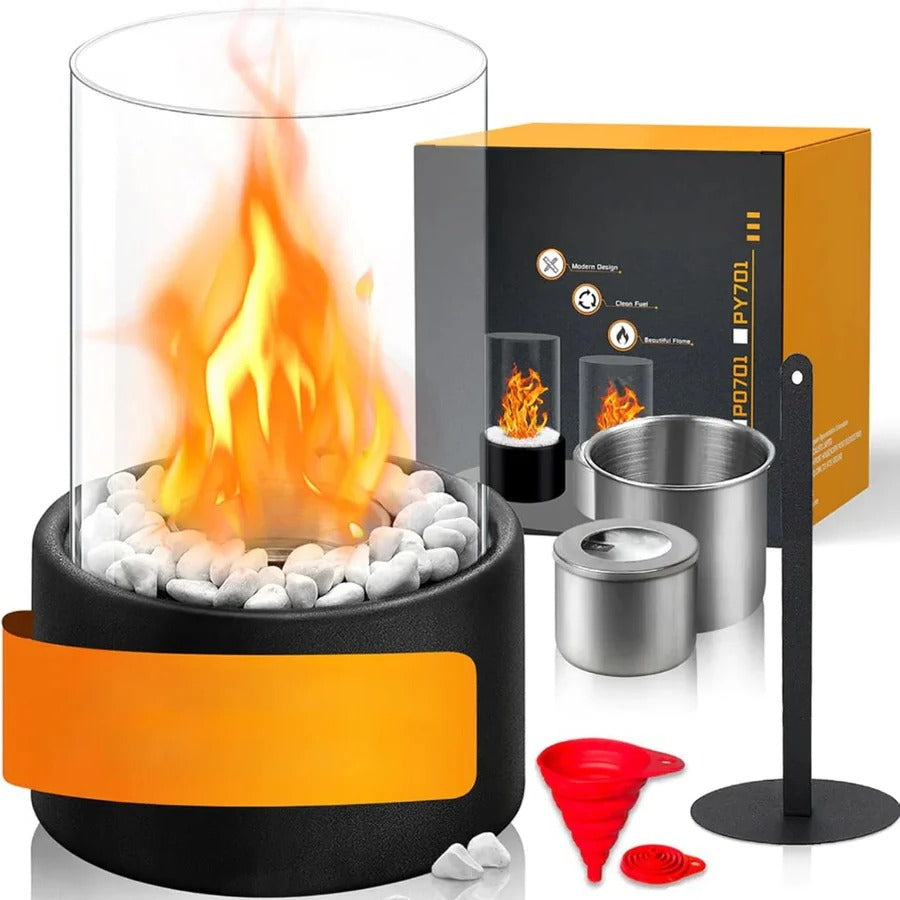 Tabletop Ethanol Fireplace with Glass Enclosure and Metal Base, 11.8in Height
