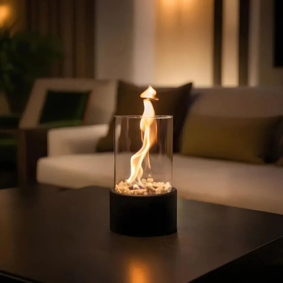 Tabletop Ethanol Fireplace with Glass Enclosure and Metal Base, 11.8in Height