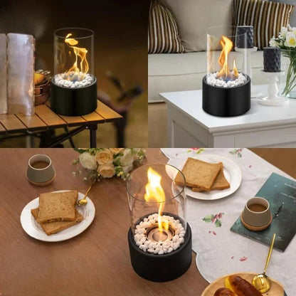 Tabletop Ethanol Fireplace with Glass Enclosure and Metal Base, 11.8in Height