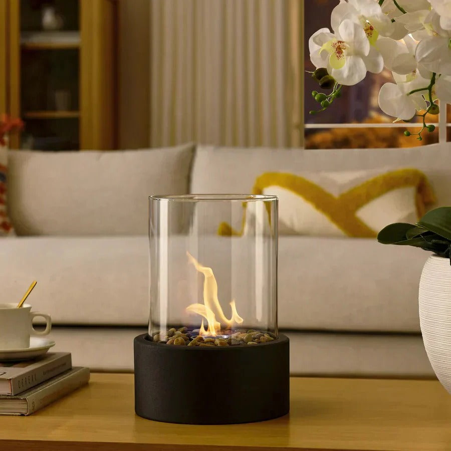 Tabletop Ethanol Fireplace with Glass Enclosure and Metal Base, 11.8in Height