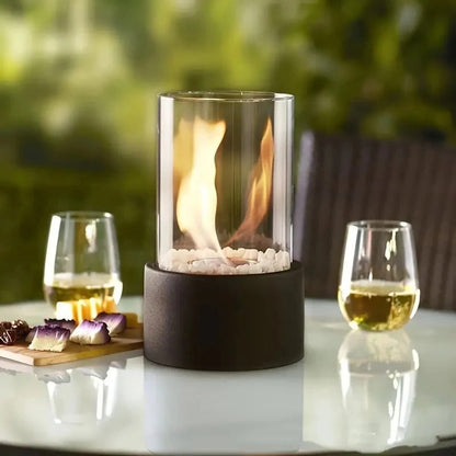 Tabletop Ethanol Fireplace with Glass Enclosure and Metal Base, 11.8in Height