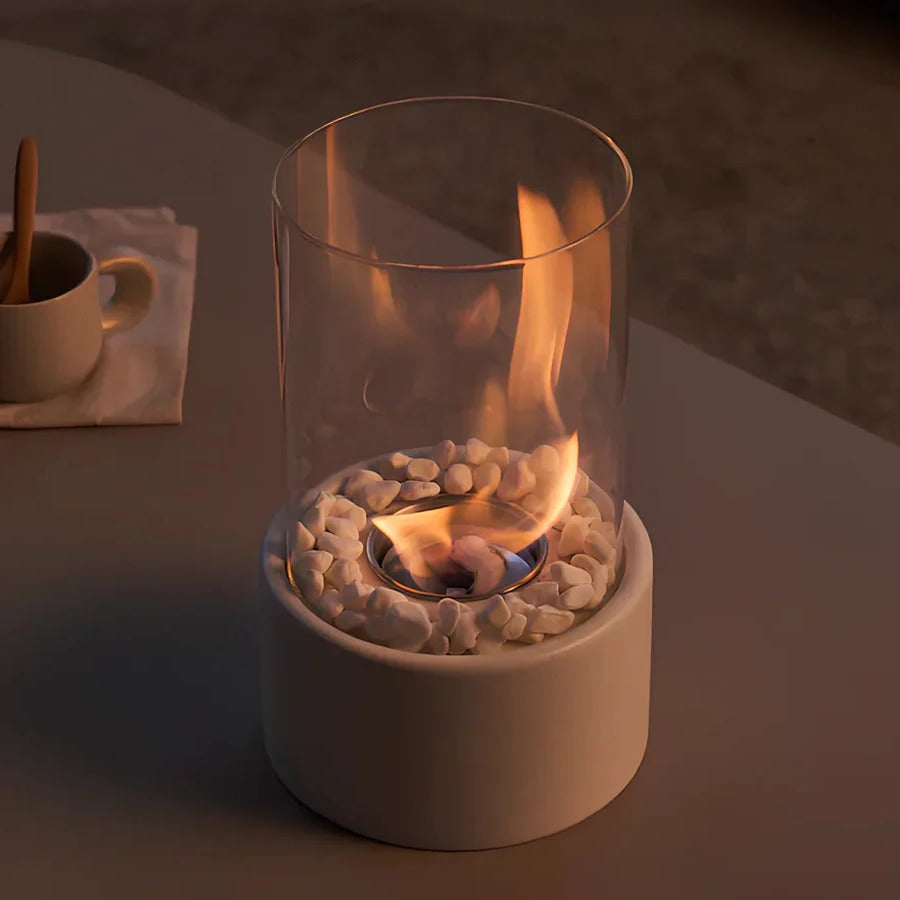 Tabletop Ethanol Fireplace with Glass Enclosure and Metal Base, 11.8in Height