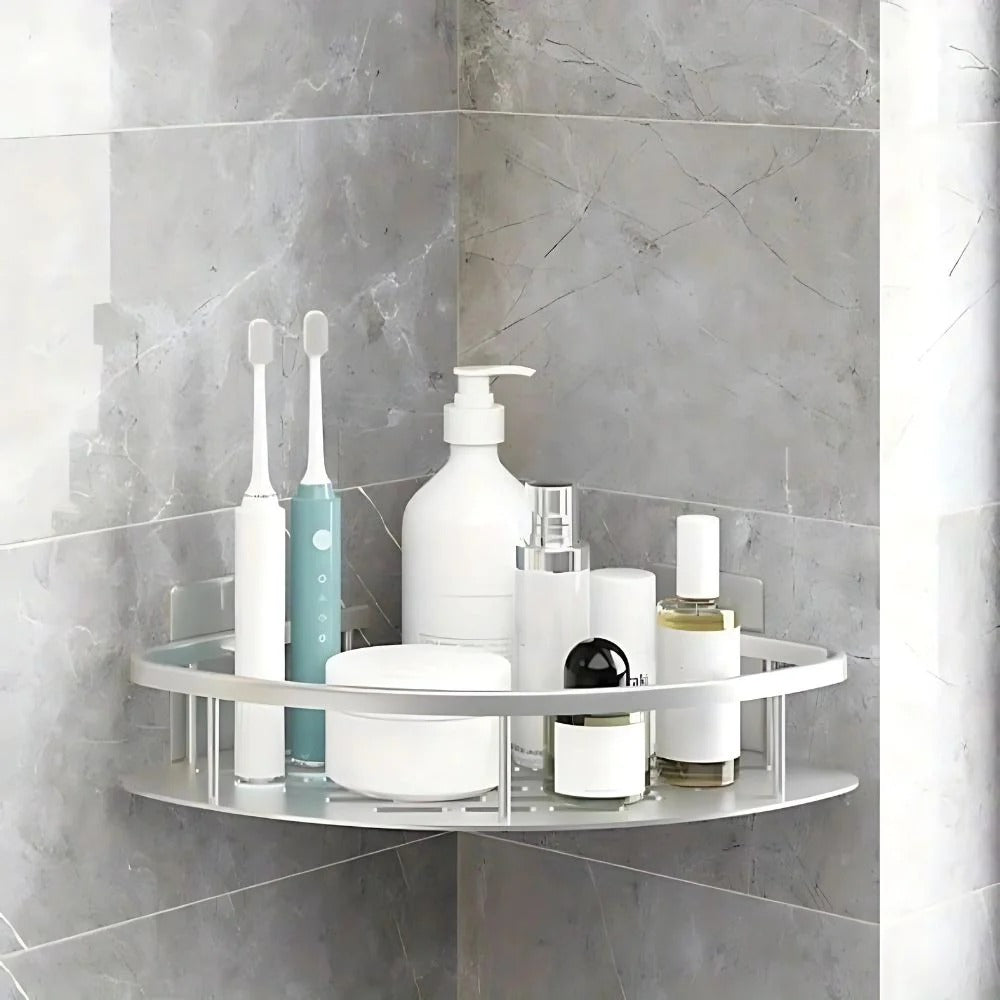 Aluminum Shower Caddy with Adhesive Mount and Removable Hook, Open Drainage