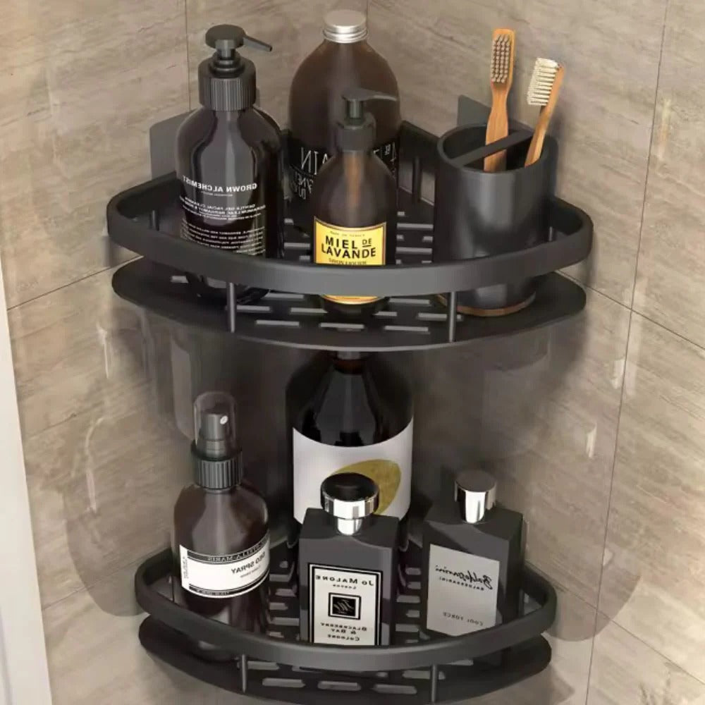 Aluminum Shower Caddy with Adhesive Mount and Removable Hook, Open Drainage