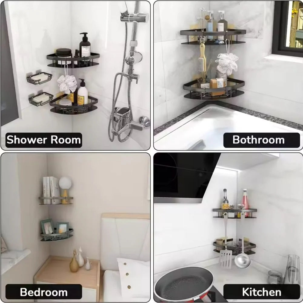 Aluminum Shower Caddy with Adhesive Mount and Removable Hook, Open Drainage