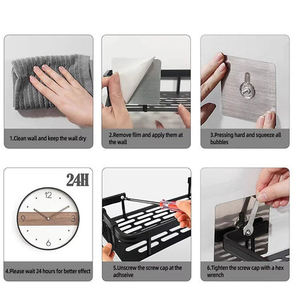 Aluminum Shower Caddy with Adhesive Mount and Removable Hook, Open Drainage
