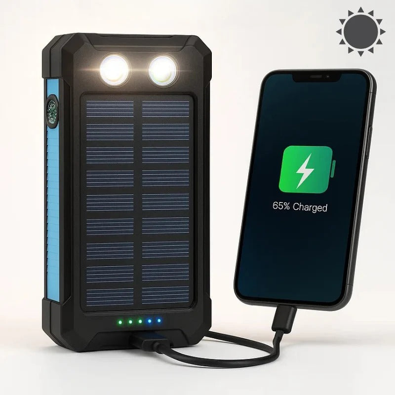 Solar Power Bank with Dual USB Charging and LED Flashlight, 500000mAh Capacity