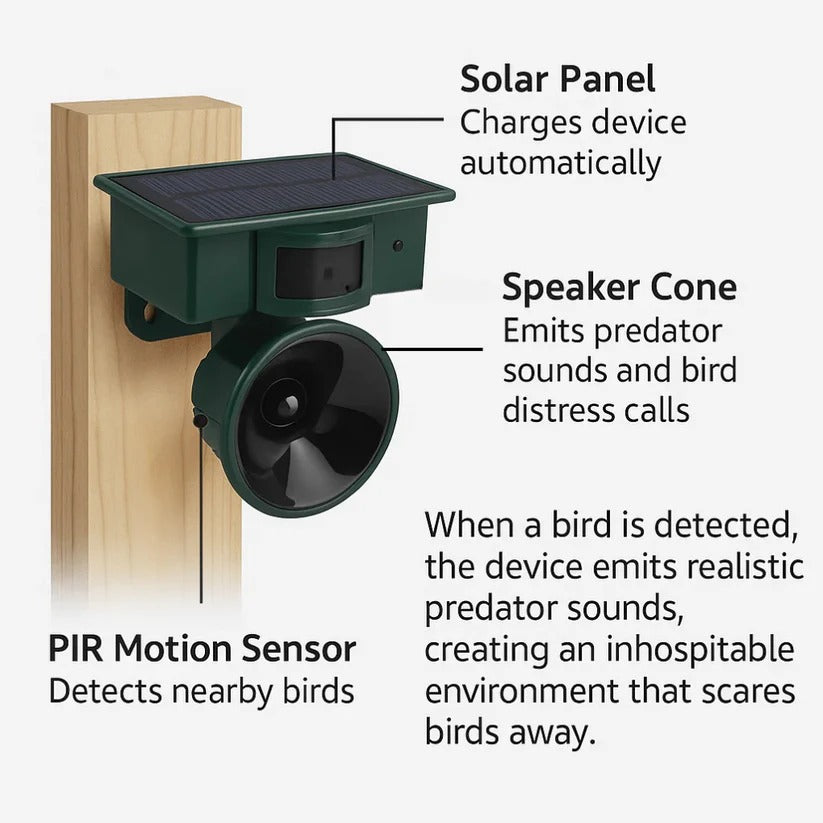 Solar-Powered Motion Sensor Bird Repeller with Adjustable Sound and Infrared Detection