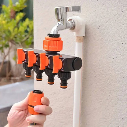 Four-Outlet Garden Hose Splitter with Individual Valve Controls and Quick-Connect Fittings