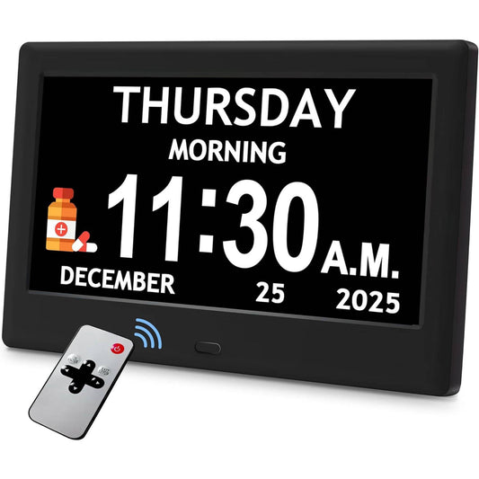 8 Inch Dementia Clock for Seniors, Large Display Digital Clock with Date, Time and Day, 10 Reminders, 6 Alarms, Auto Dimming, Remote Control