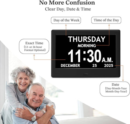 8 Inch Dementia Clock for Seniors, Large Display Digital Clock with Date, Time and Day, 10 Reminders, 6 Alarms, Auto Dimming, Remote Control