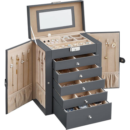 Large Jewelry Box Organizer 6 Tier, Lockable Jewelry Storage Case with Drawers Mirror
