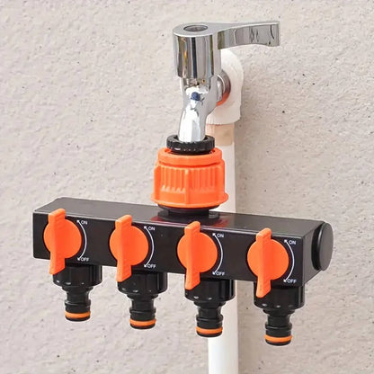 Four-Outlet Garden Hose Splitter with Individual Valve Controls and Quick-Connect Fittings