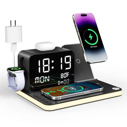 7 in 1 Wireless Charging Station Fast Charger, LED Clock Night Light for iPhone Android Apple Watch AirPods